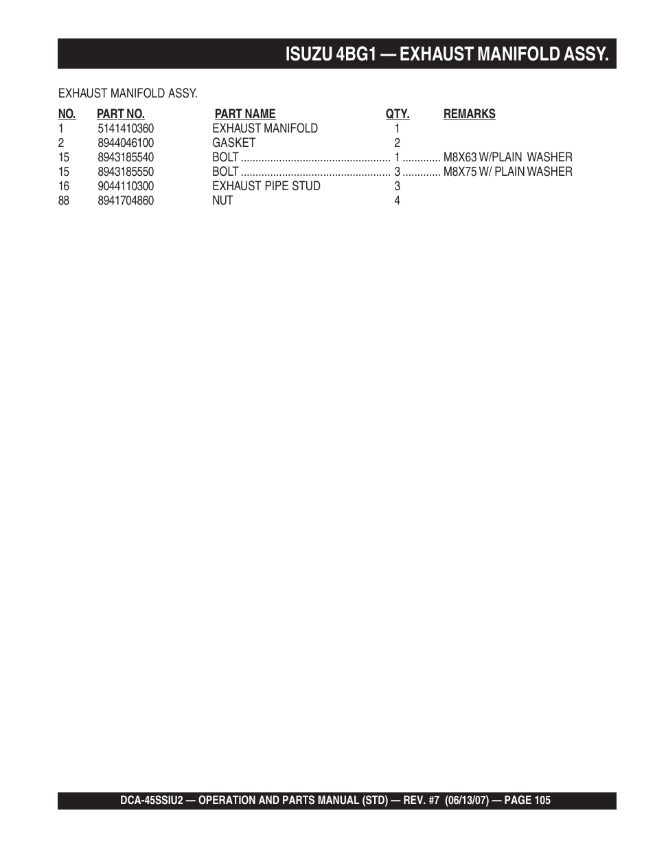 Isuzu 4bg1 — exhaust manifold assy | Multiquip DCA45SSIU2 User Manual | Page 105 / 160