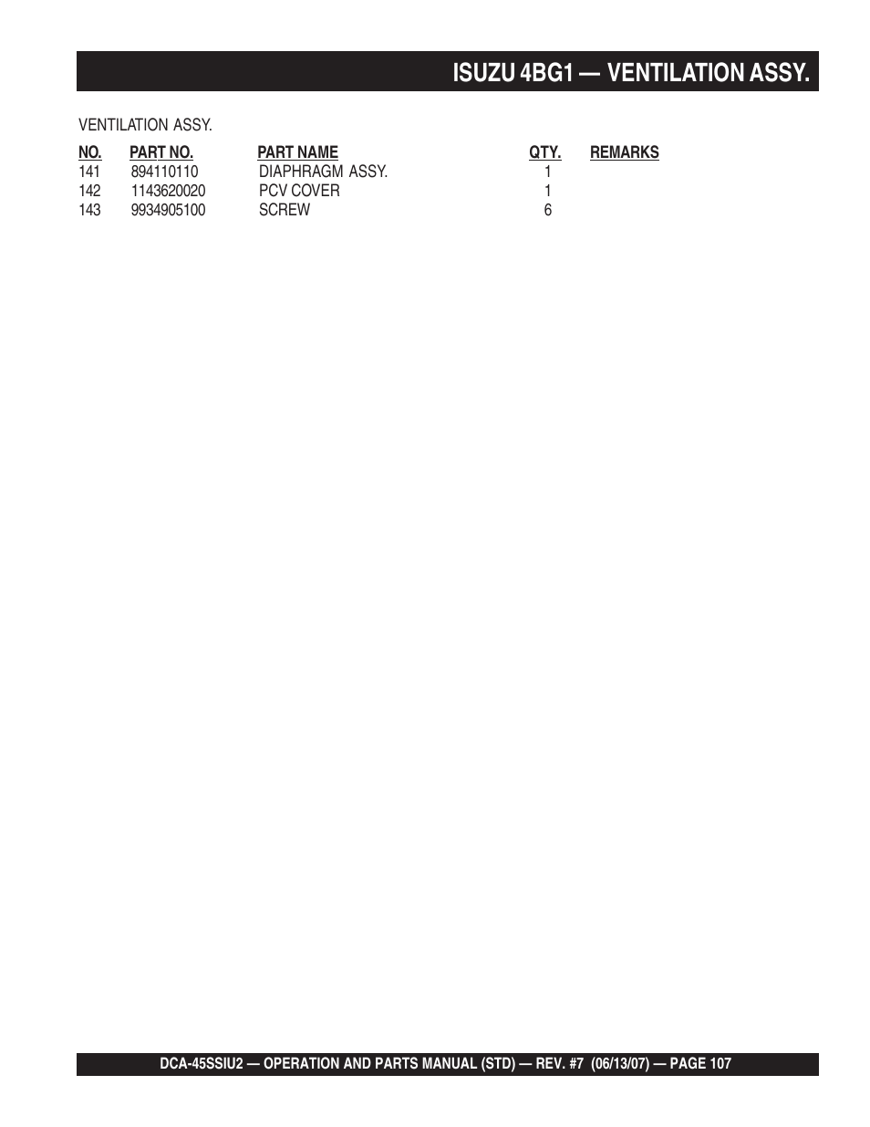 Isuzu 4bg1 — ventilation assy | Multiquip DCA45SSIU2 User Manual | Page 107 / 160