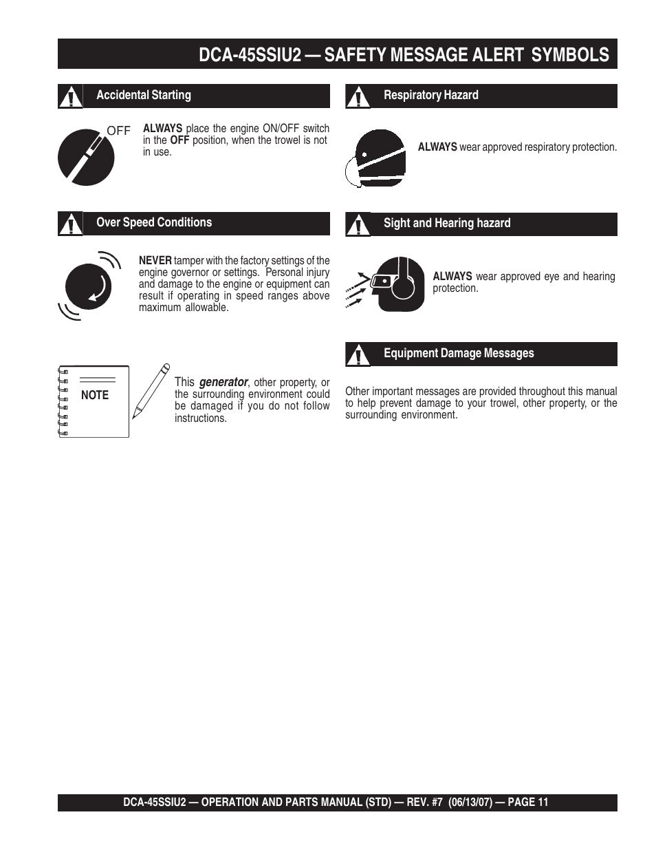 Dca-45ssiu2 — safety message alert symbols | Multiquip DCA45SSIU2 User Manual | Page 11 / 160