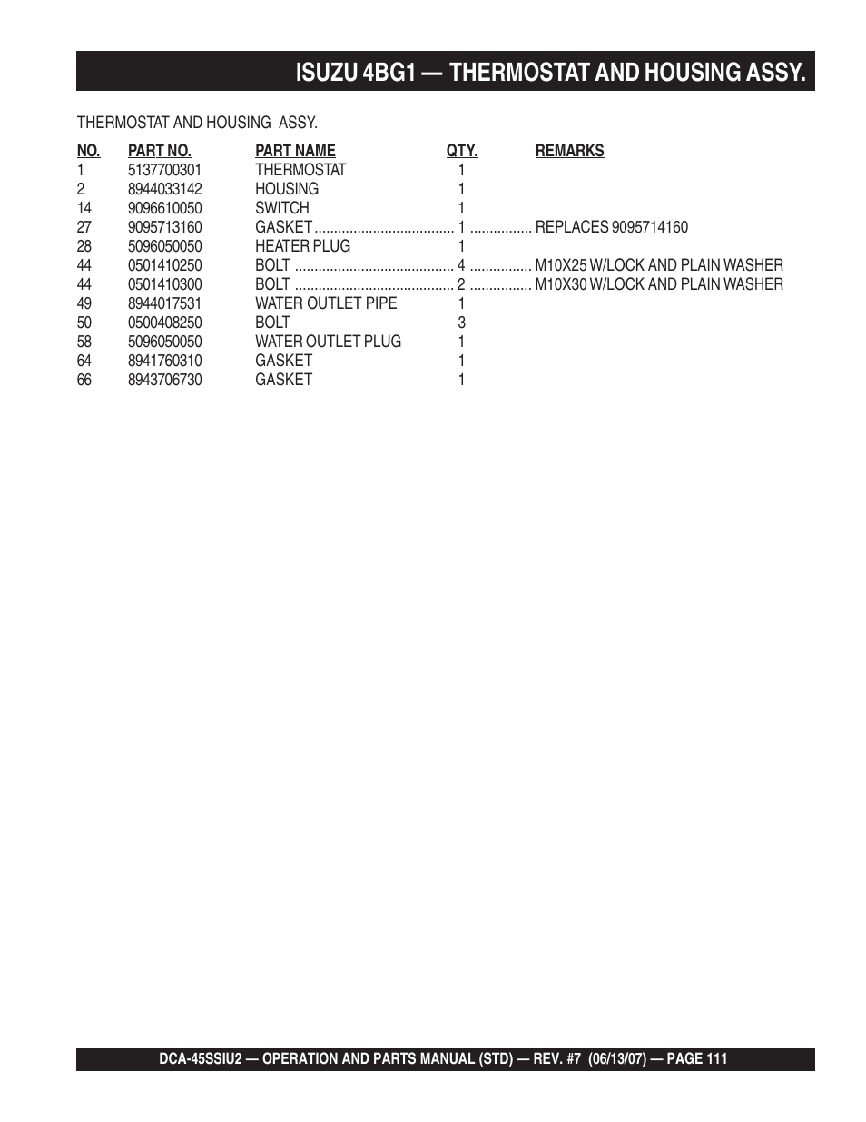 Isuzu 4bg1 — thermostat and housing assy | Multiquip DCA45SSIU2 User Manual | Page 111 / 160