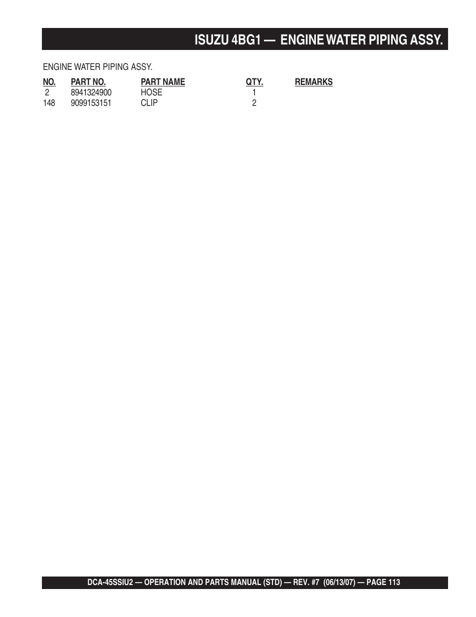 Isuzu 4bg1 — engine water piping assy | Multiquip DCA45SSIU2 User Manual | Page 113 / 160