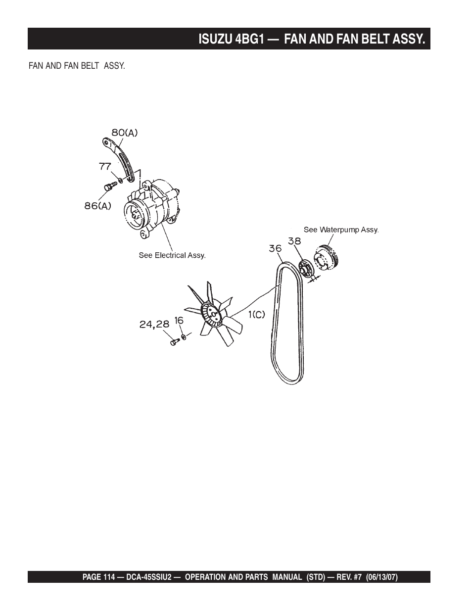 Isuzu 4bg1 — fan and fan belt assy | Multiquip DCA45SSIU2 User Manual | Page 114 / 160