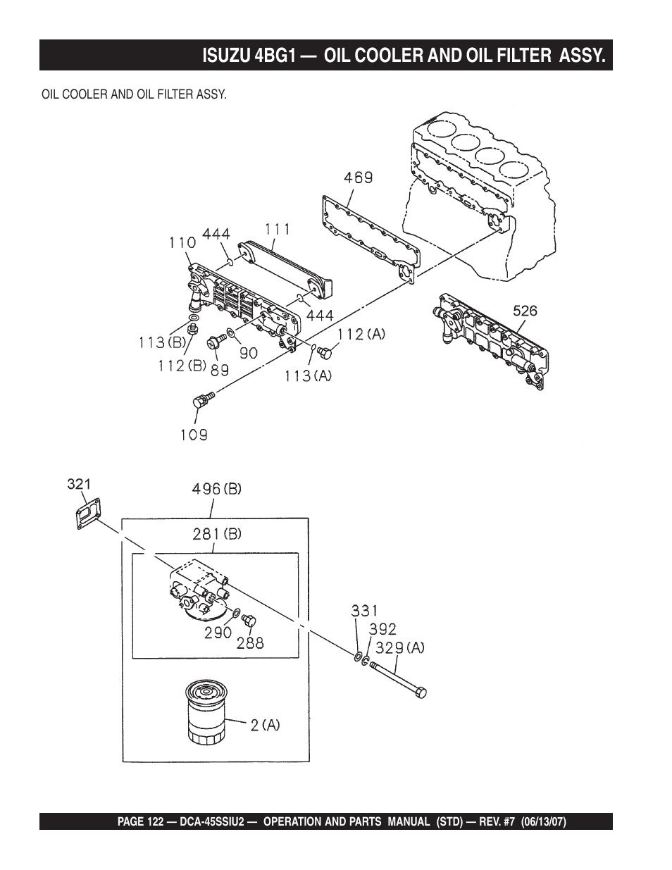 Isuzu 4bg1 — oil cooler and oil filter assy | Multiquip DCA45SSIU2 User Manual | Page 122 / 160