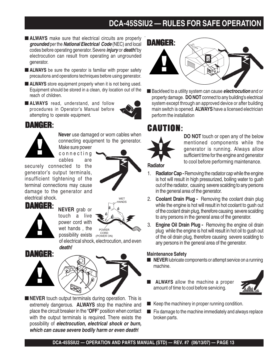 Dca-45ssiu2 — rules for safe operation, Caution, Caution caution | Danger, Danger danger: danger danger danger danger danger | Multiquip DCA45SSIU2 User Manual | Page 13 / 160