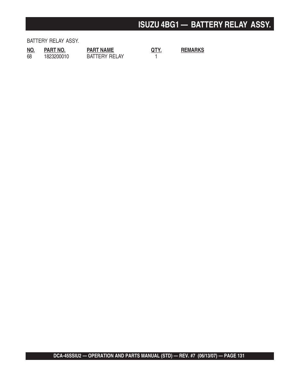 Isuzu 4bg1 — battery relay assy | Multiquip DCA45SSIU2 User Manual | Page 131 / 160