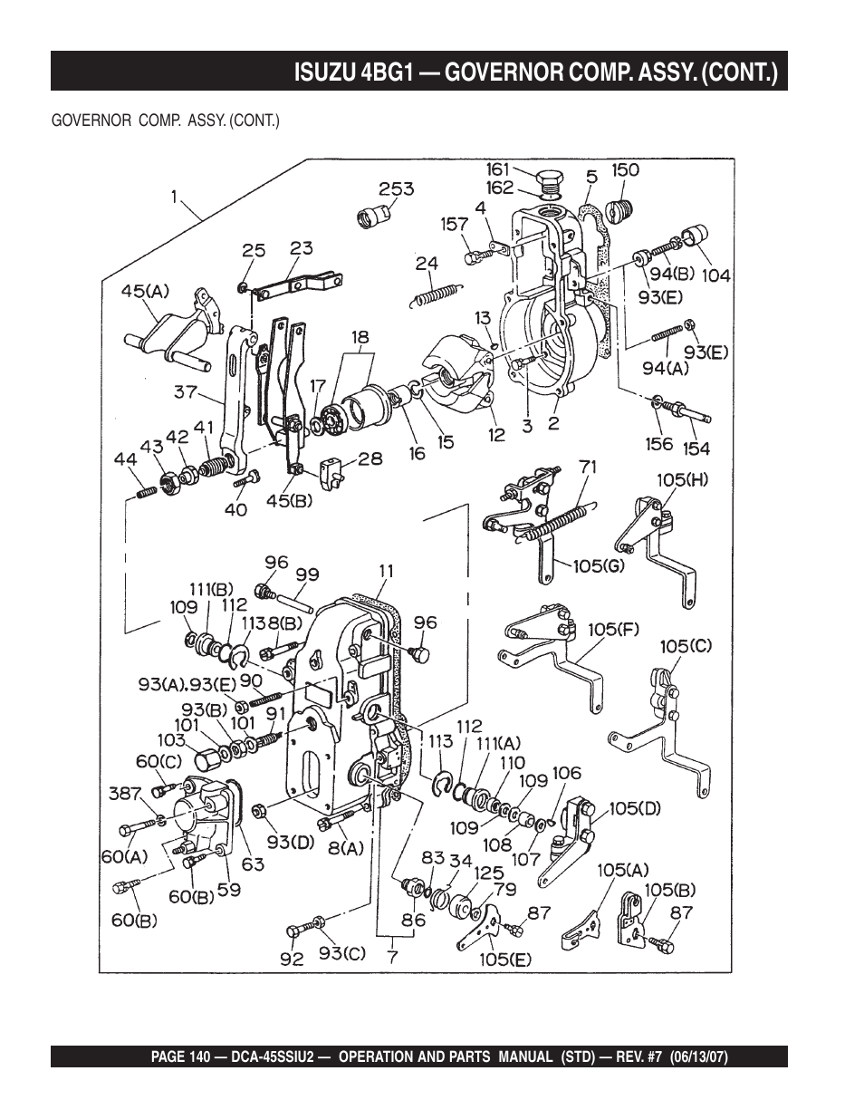 Isuzu 4bg1 — governor comp. assy. (cont.) | Multiquip DCA45SSIU2 User Manual | Page 140 / 160
