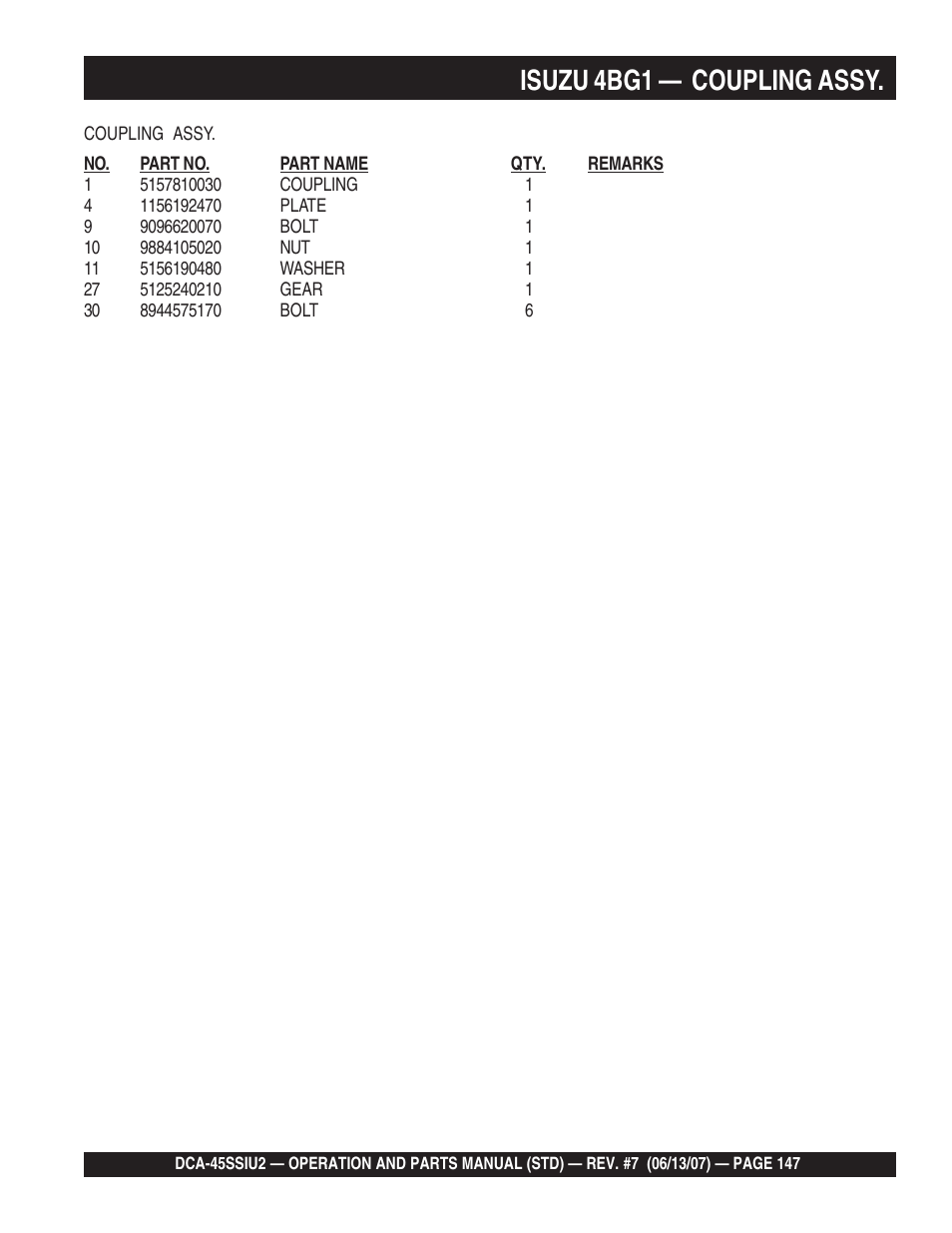 Isuzu 4bg1 — coupling assy | Multiquip DCA45SSIU2 User Manual | Page 147 / 160