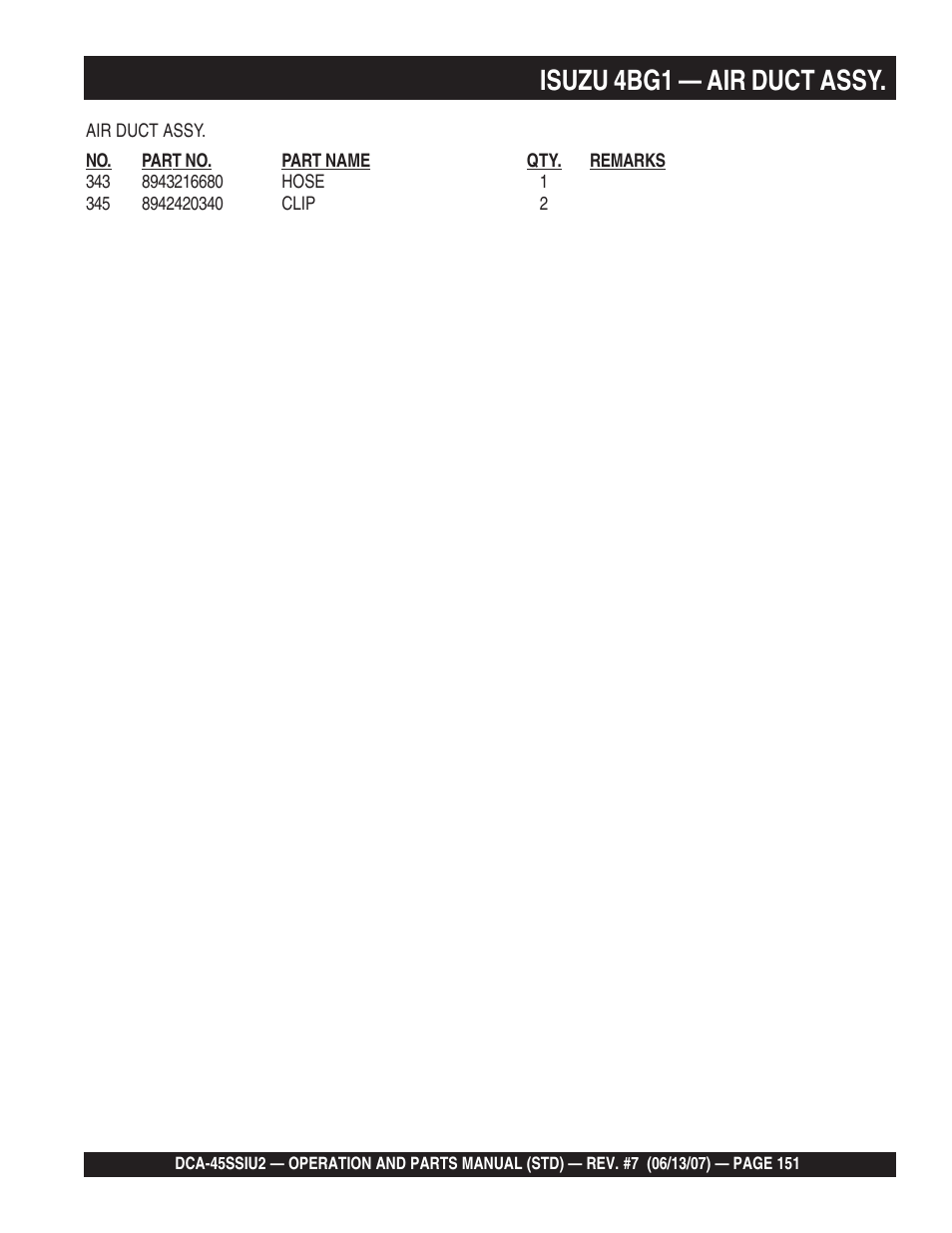 Isuzu 4bg1 — air duct assy | Multiquip DCA45SSIU2 User Manual | Page 151 / 160