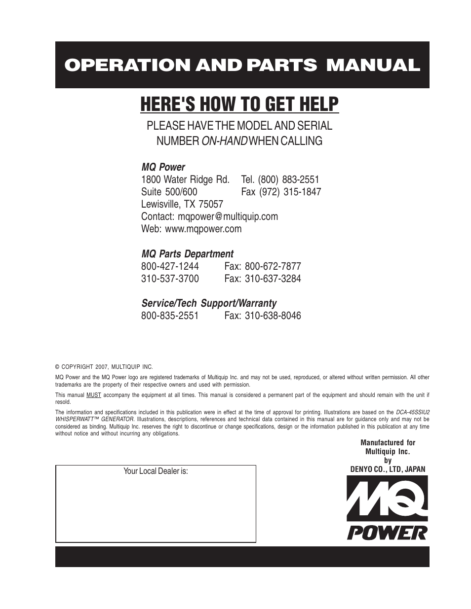 Here's how to get help, On-hand, Please have the model and serial number | When calling | Multiquip DCA45SSIU2 User Manual | Page 160 / 160