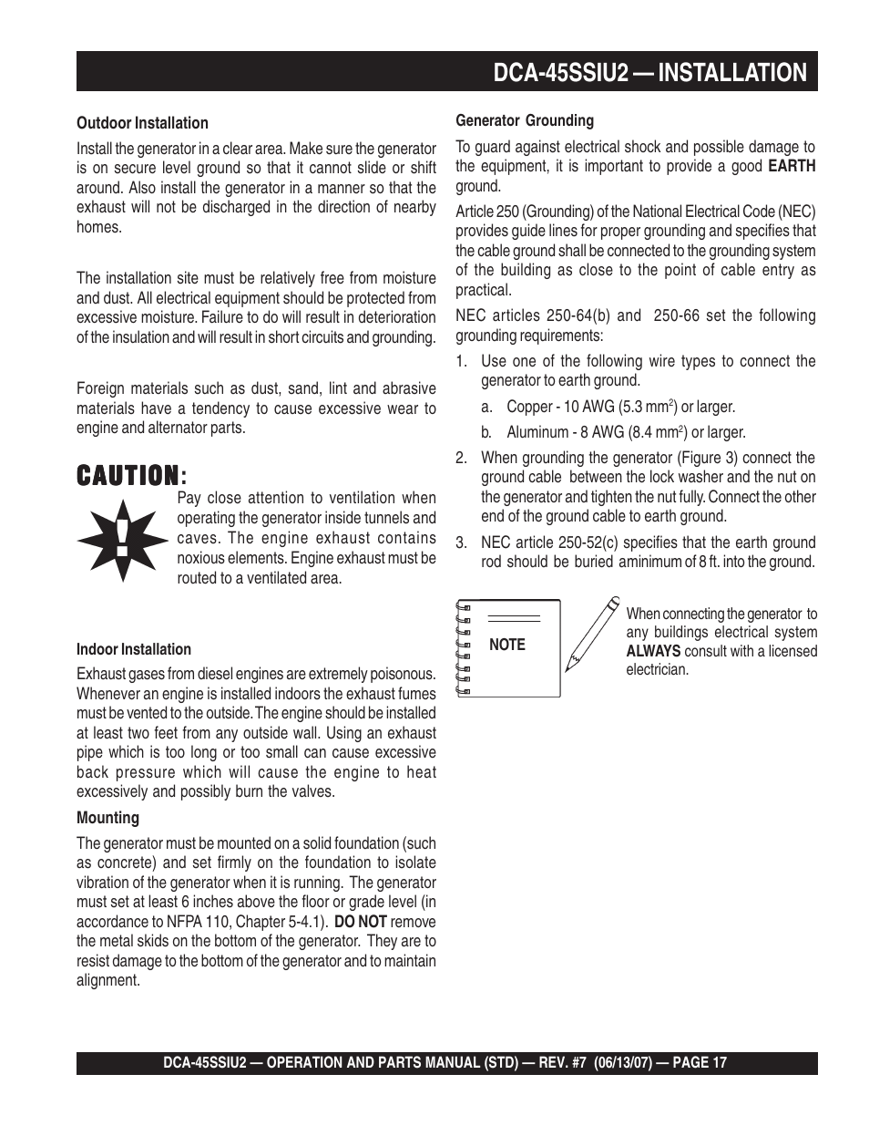 Caution, Caution caution, Dca-45ssiu2 — installation | Multiquip DCA45SSIU2 User Manual | Page 17 / 160