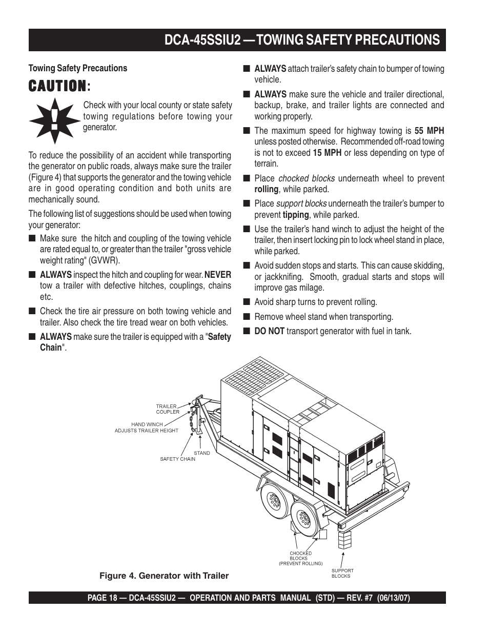 Caution, Caution caution, Dca-45ssiu2 — towing safety precautions | Multiquip DCA45SSIU2 User Manual | Page 18 / 160