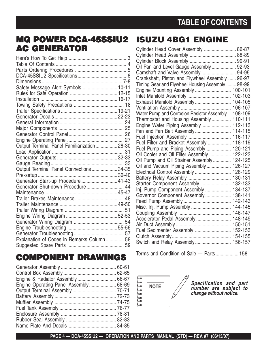 Isuzu 4bg1 engine, Component dra | Multiquip DCA45SSIU2 User Manual | Page 4 / 160