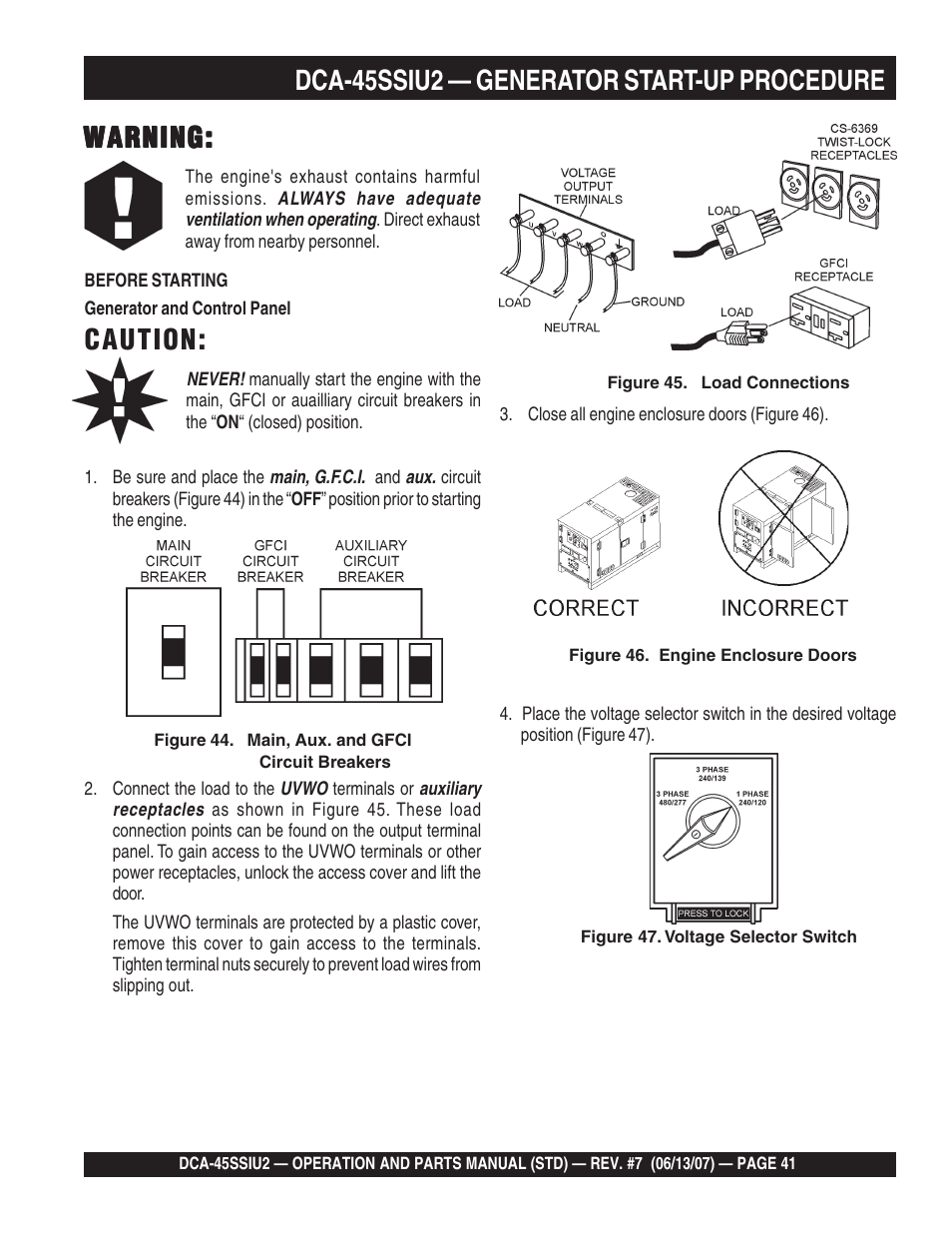 Warning, Dca-45ssiu2 — generator start-up procedure, Caution | Multiquip DCA45SSIU2 User Manual | Page 41 / 160