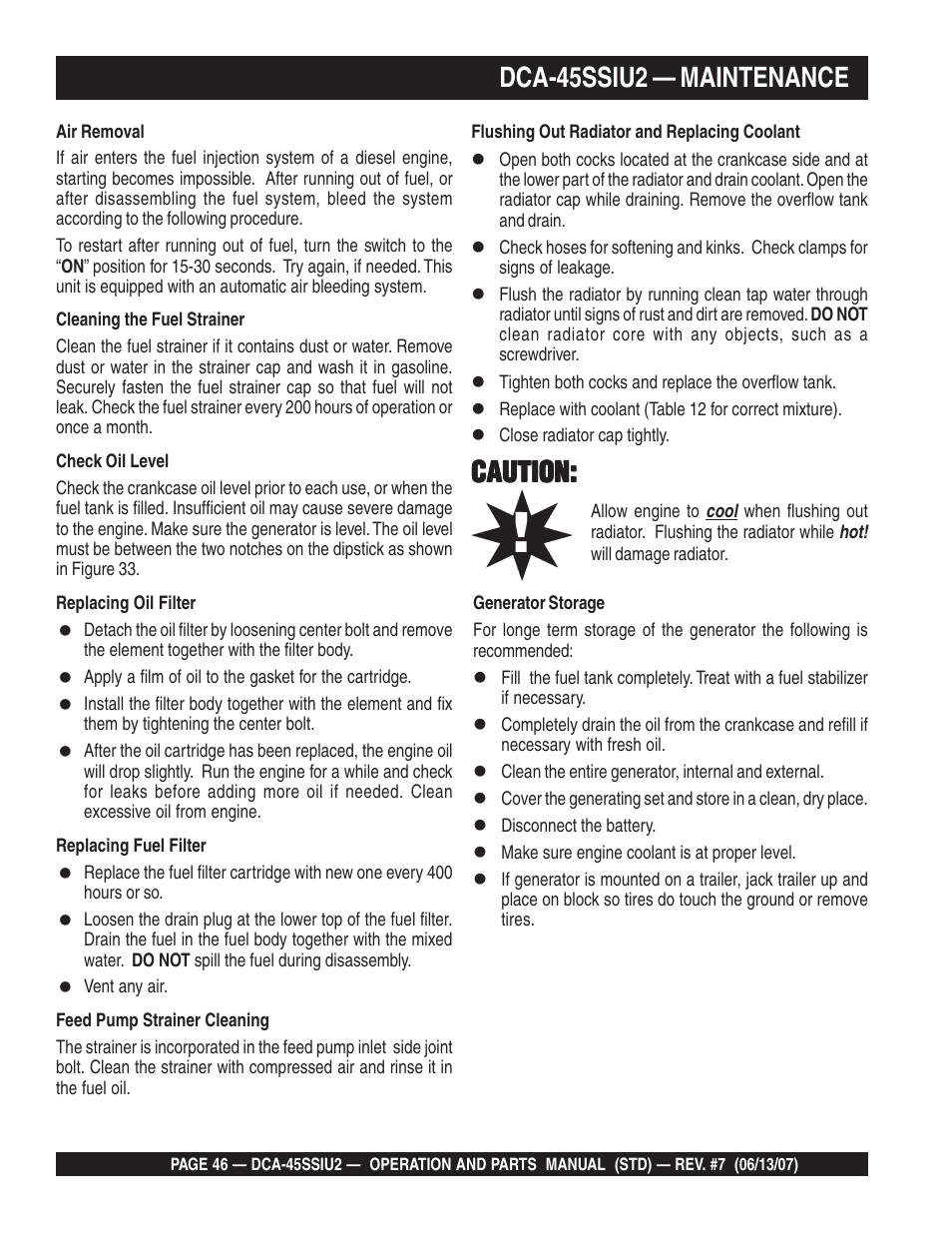 Dca-45ssiu2 — maintenance, Caution | Multiquip DCA45SSIU2 User Manual | Page 46 / 160
