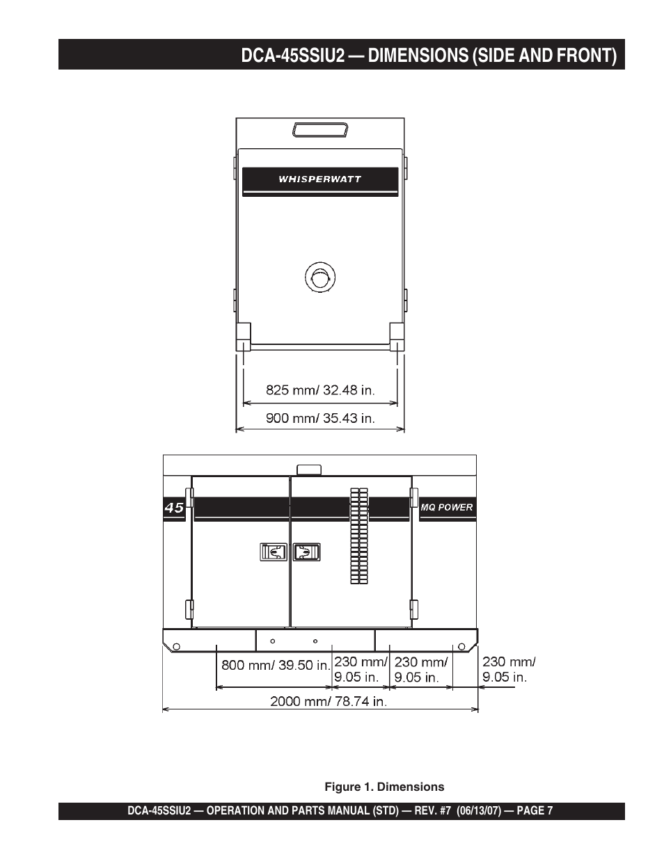 Dca-45ssiu2 — dimensions (side and front) | Multiquip DCA45SSIU2 User Manual | Page 7 / 160