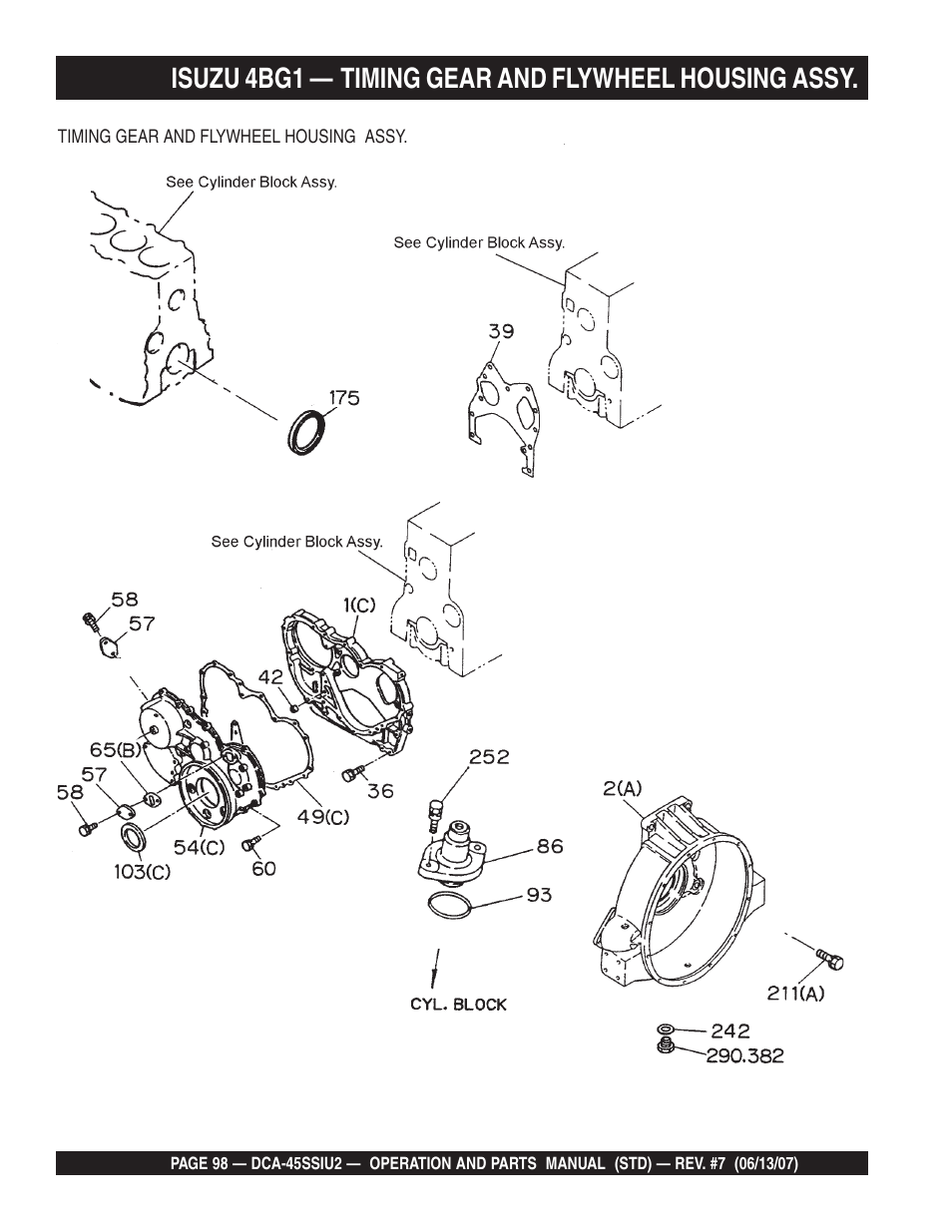 Isuzu 4bg1 — timing gear and flywheel housing assy | Multiquip DCA45SSIU2 User Manual | Page 98 / 160