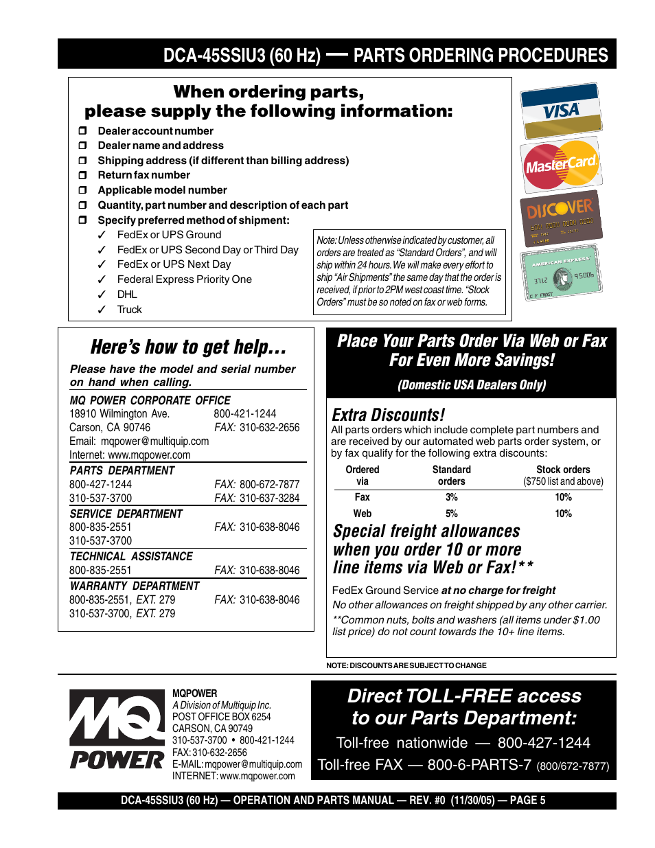 Here’s how to get help, Direct toll-free access to our parts department, Parts ordering procedures | Extra discounts | Multiquip DCA45SSIU3 User Manual | Page 5 / 80