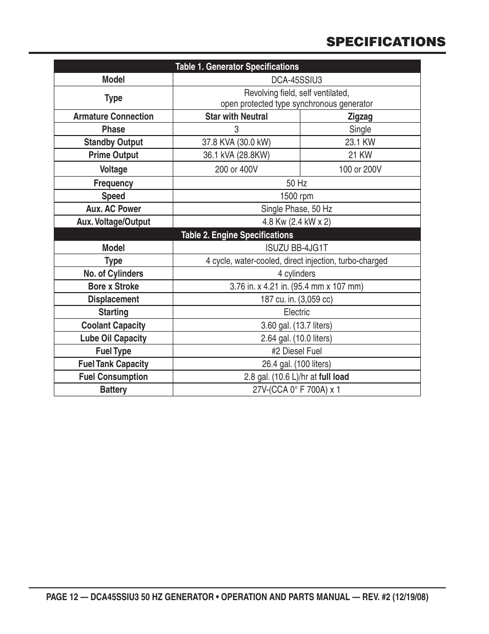 Specifications | Multiquip DCA45SSIU3 User Manual | Page 12 / 78