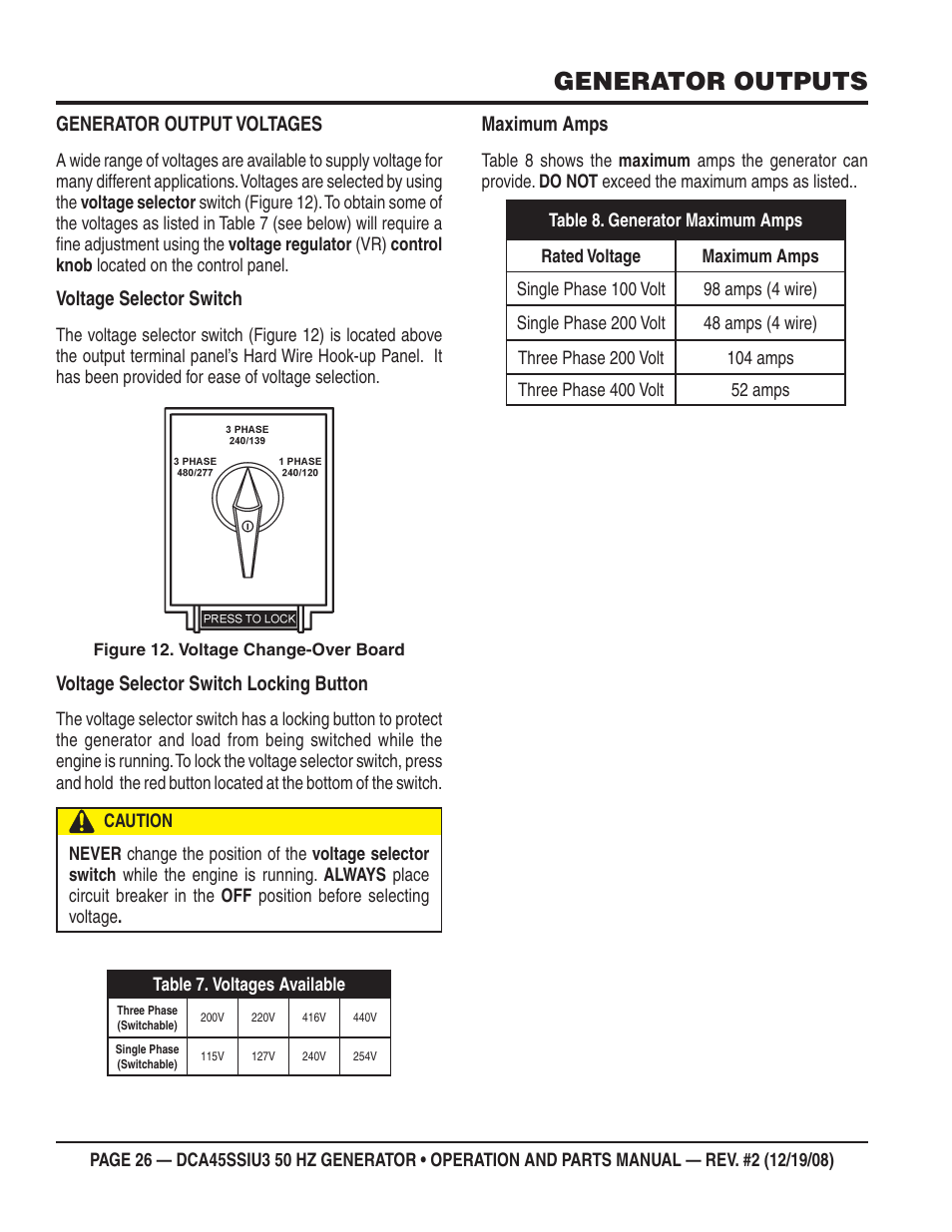 Generator outputs | Multiquip DCA45SSIU3 User Manual | Page 26 / 78