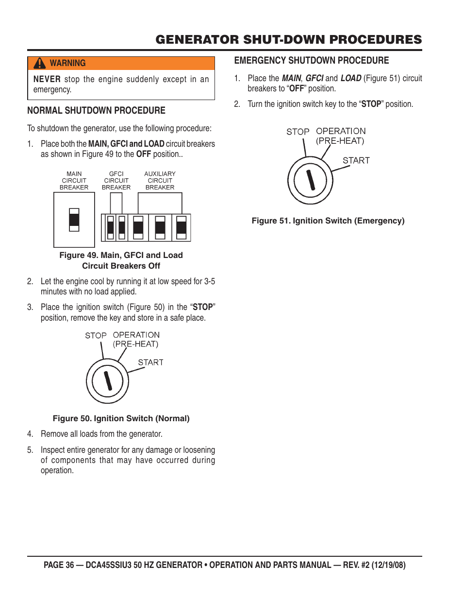 Generator shut-down procedures | Multiquip DCA45SSIU3 User Manual | Page 36 / 78