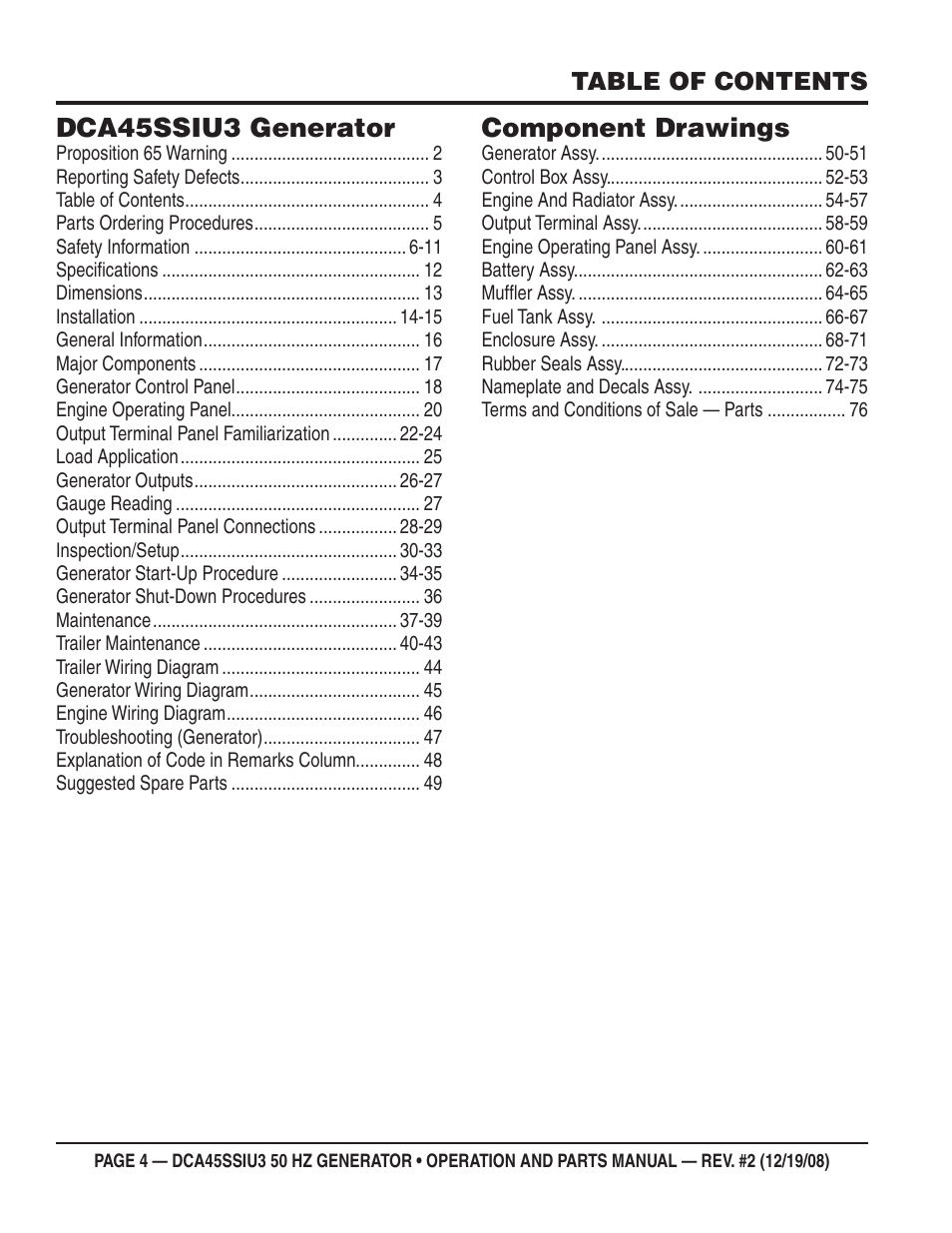 Dca45ssiu3 generator, Component drawings | Multiquip DCA45SSIU3 User Manual | Page 4 / 78