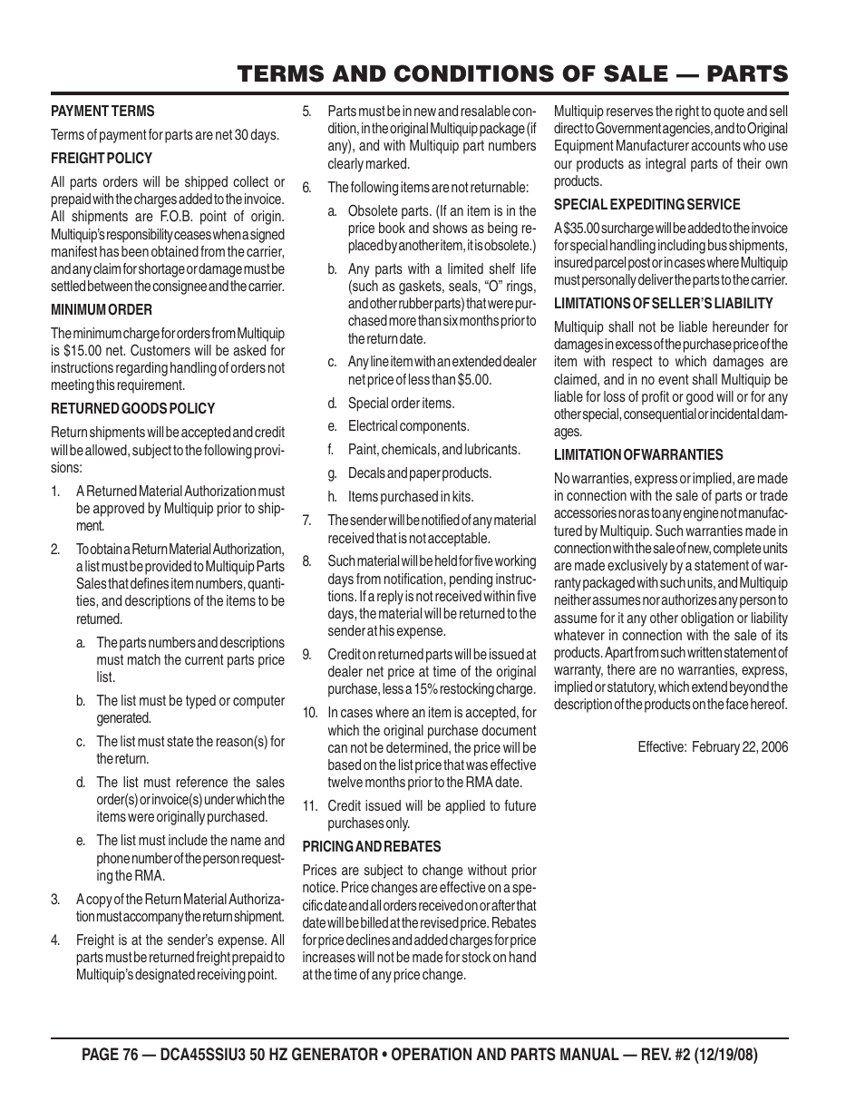 Terms and conditions of sale — parts | Multiquip DCA45SSIU3 User Manual | Page 76 / 78