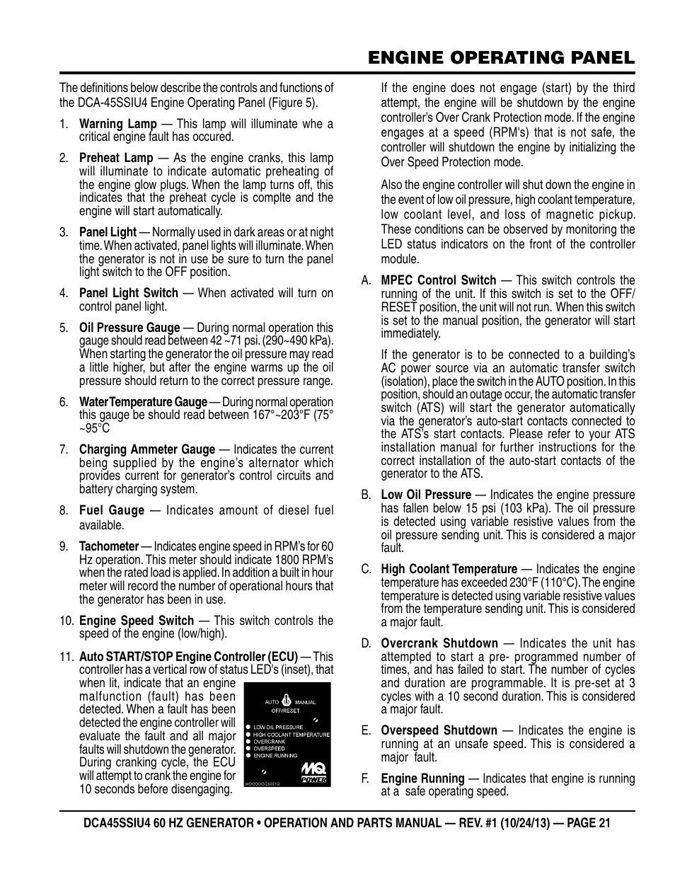 Engine operating panel | Multiquip DCA45SSIU4 User Manual | Page 21 / 82