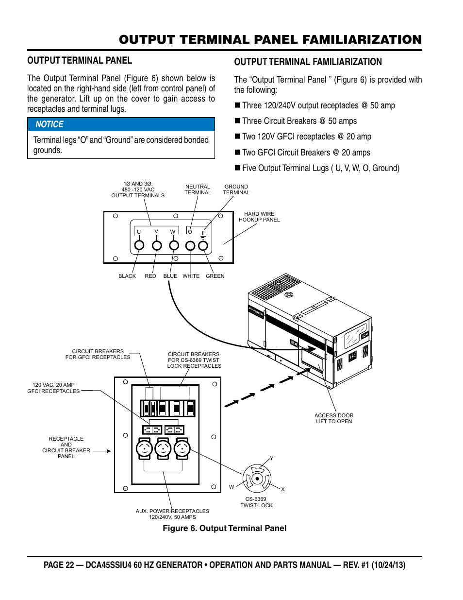 Output terminal panel familiarization, Output terminal panel, Output terminal familiarization | Figure 6. output terminal panel | Multiquip DCA45SSIU4 User Manual | Page 22 / 82