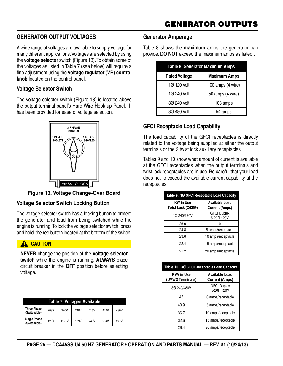 Generator outputs, Generator output voltages, Voltage selector switch | Voltage selector switch locking button, Generator amperage, Gfci receptacle load capability | Multiquip DCA45SSIU4 User Manual | Page 26 / 82