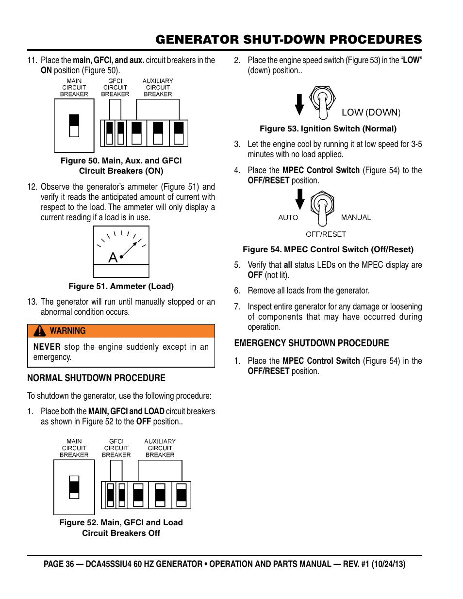 Generator shut-down procedures | Multiquip DCA45SSIU4 User Manual | Page 36 / 82