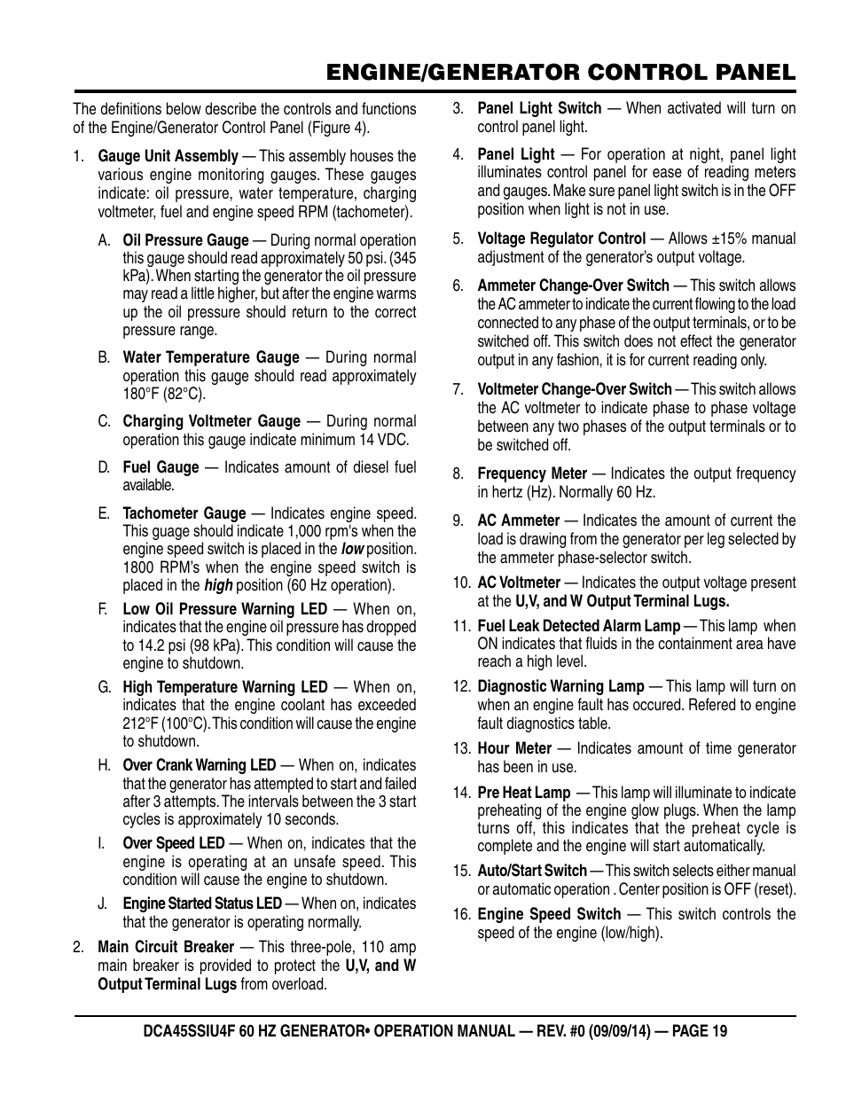 Engine/generator control panel | Multiquip DCA45SSIU4F User Manual | Page 19 / 98