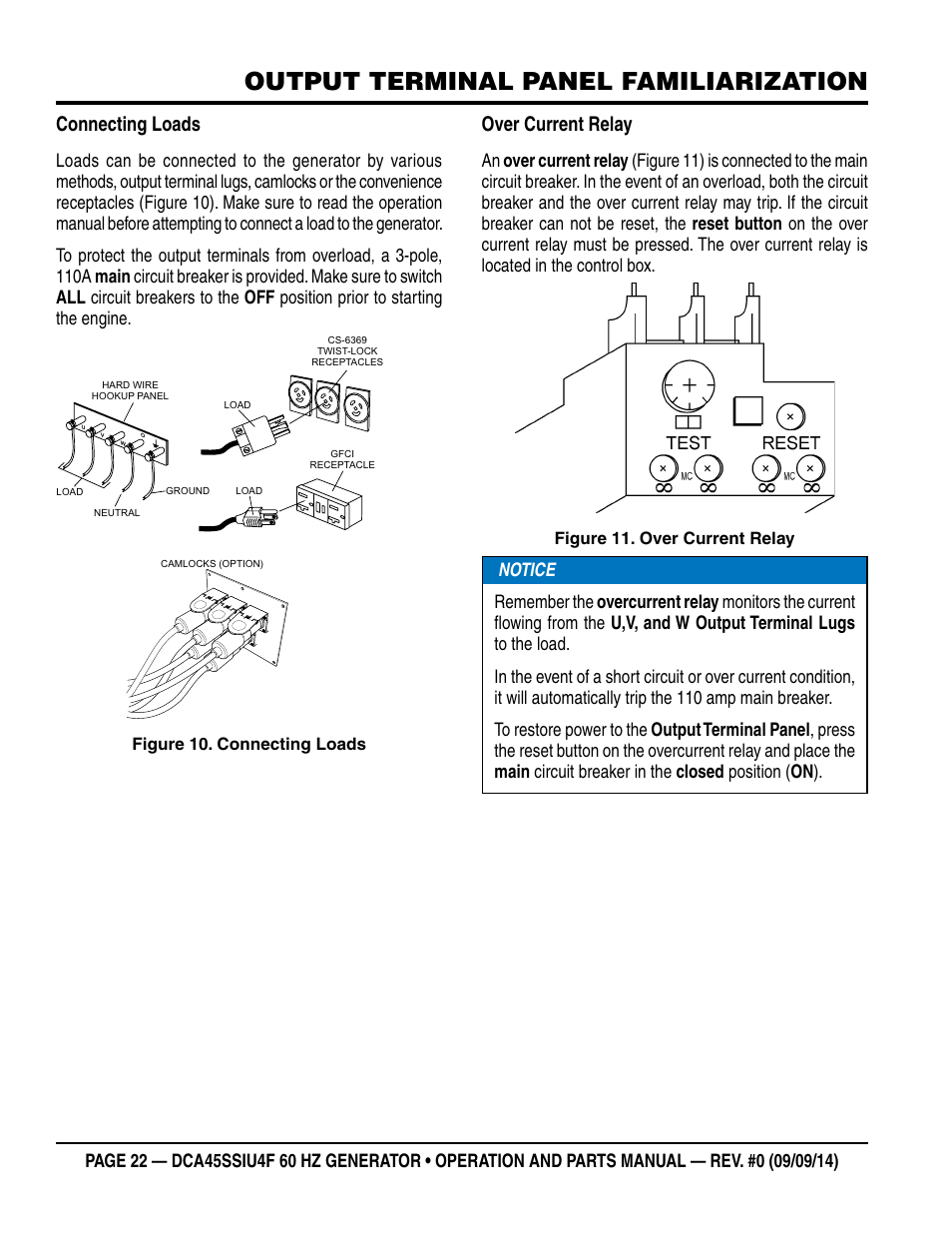 Output terminal panel familiarization, Connecting loads, Over current relay | Multiquip DCA45SSIU4F User Manual | Page 22 / 98