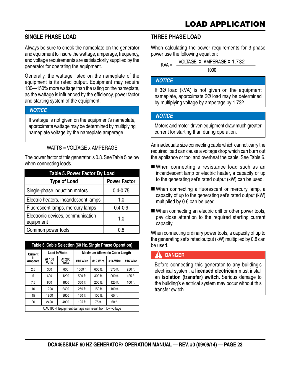 Load application, Single phase load, Three phase load | Multiquip DCA45SSIU4F User Manual | Page 23 / 98