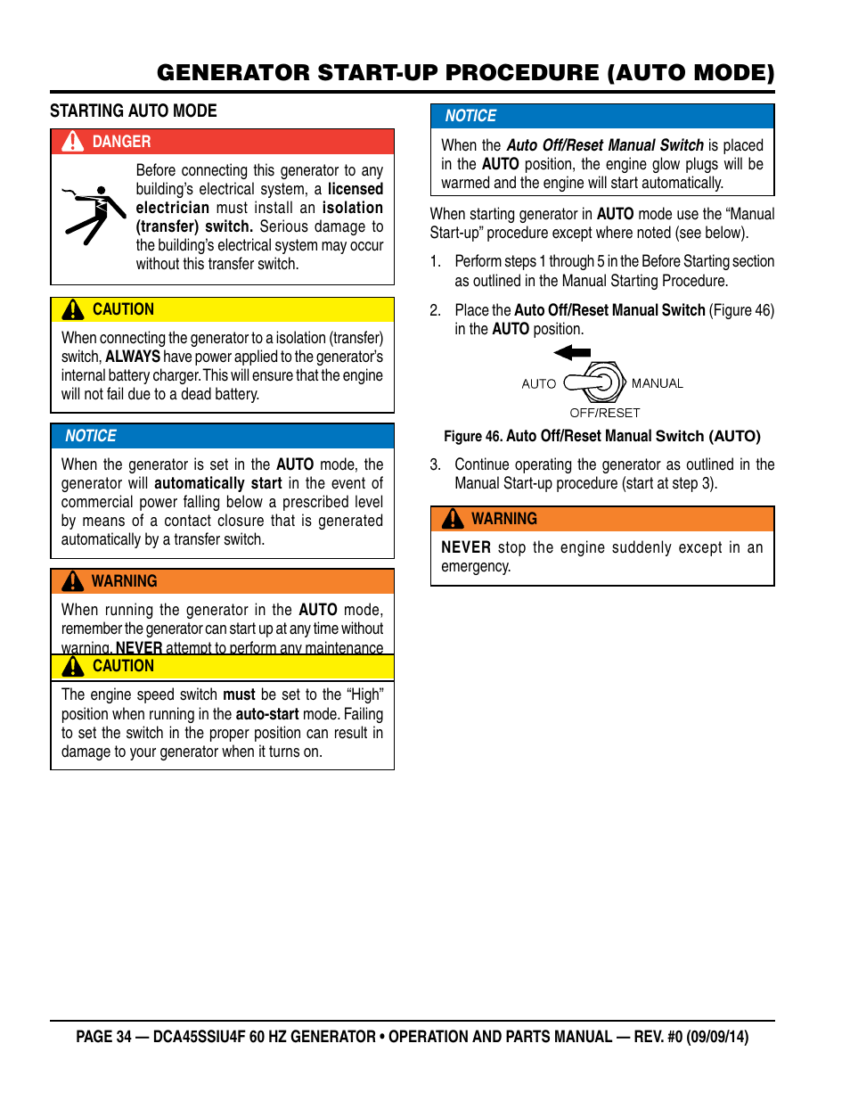 Generator start-up procedure (auto mode) | Multiquip DCA45SSIU4F User Manual | Page 34 / 98