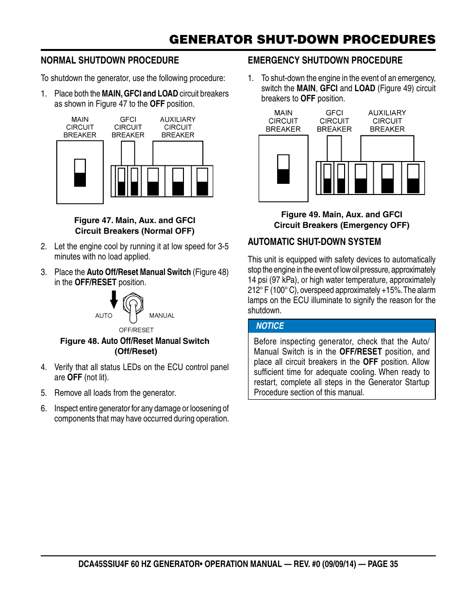 Generator shut-down procedures | Multiquip DCA45SSIU4F User Manual | Page 35 / 98