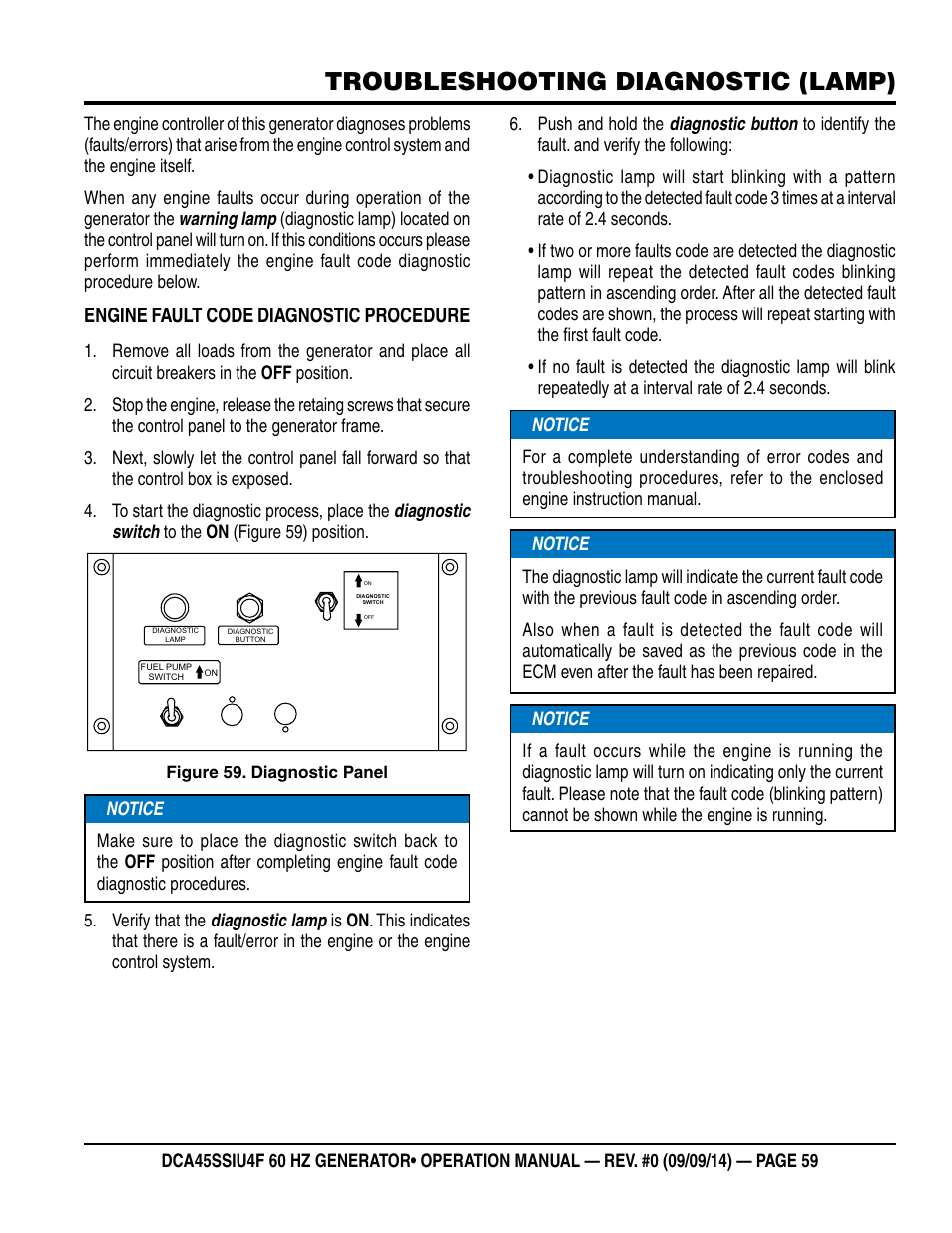 Troubleshooting diagnostic (lamp), Engine fault code diagnostic procedure | Multiquip DCA45SSIU4F User Manual | Page 59 / 98