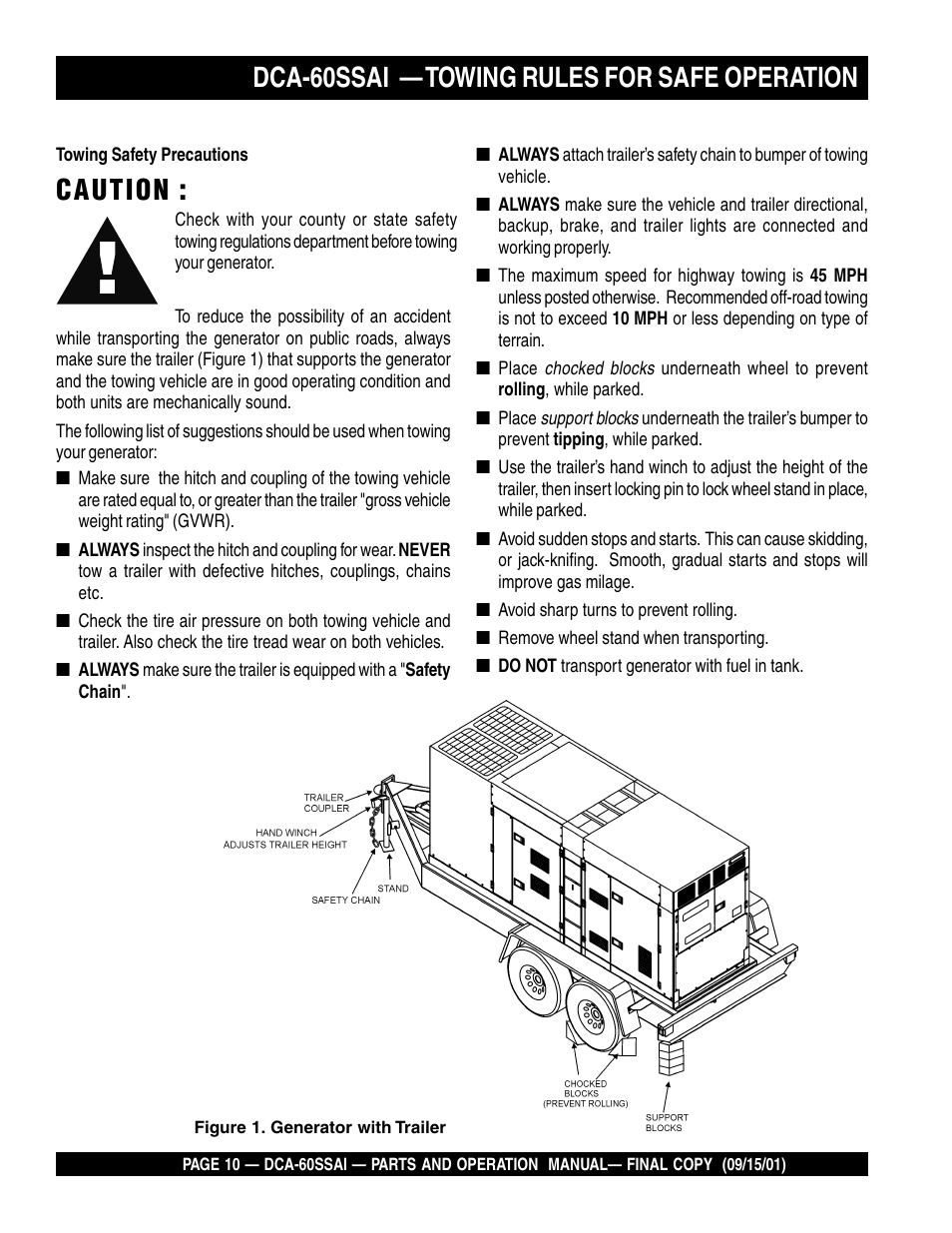 Caution, Dca-60ssai — towing rules for safe operation | Multiquip DCA60SSAI User Manual | Page 10 / 152