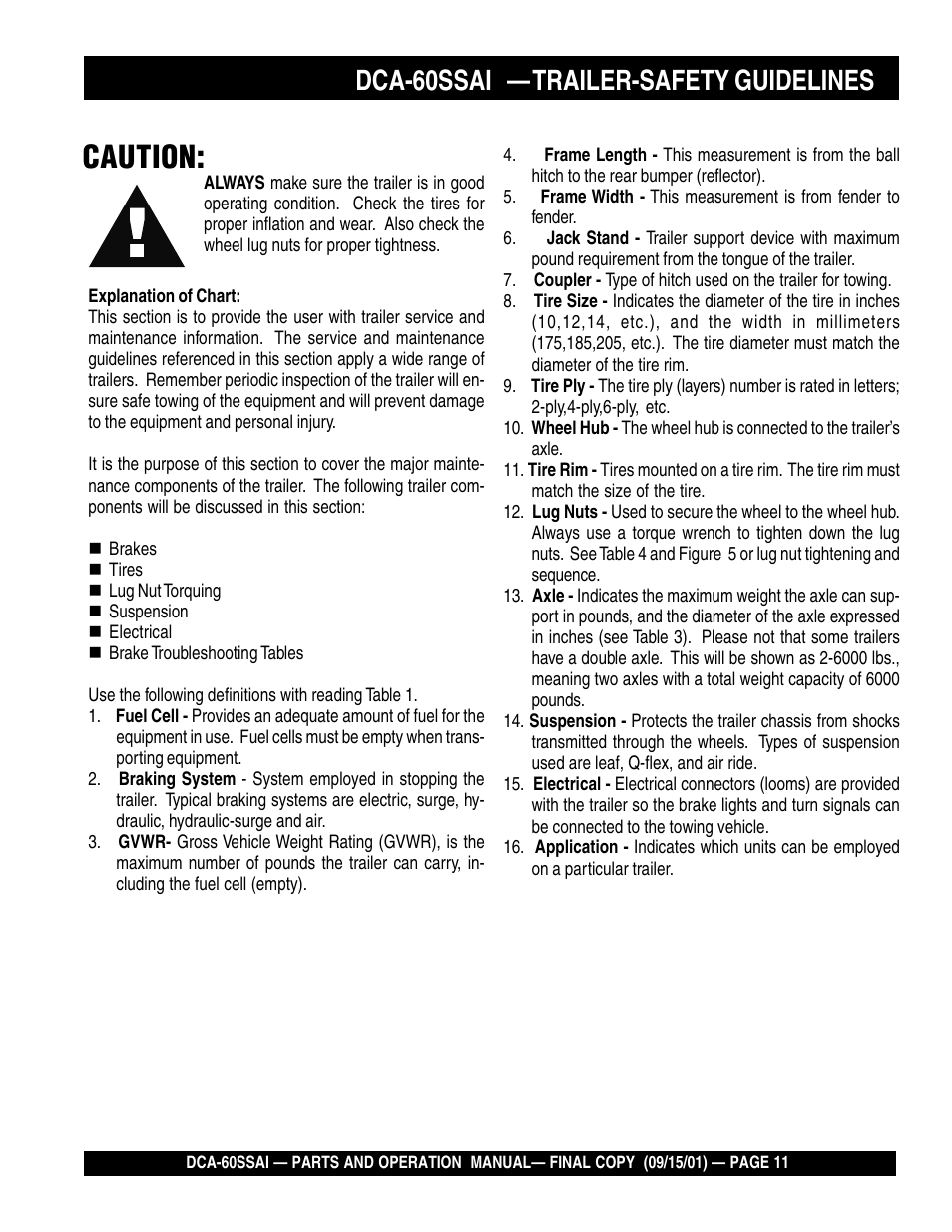 Caution, Dca-60ssai — trailer-safety guidelines | Multiquip DCA60SSAI User Manual | Page 11 / 152