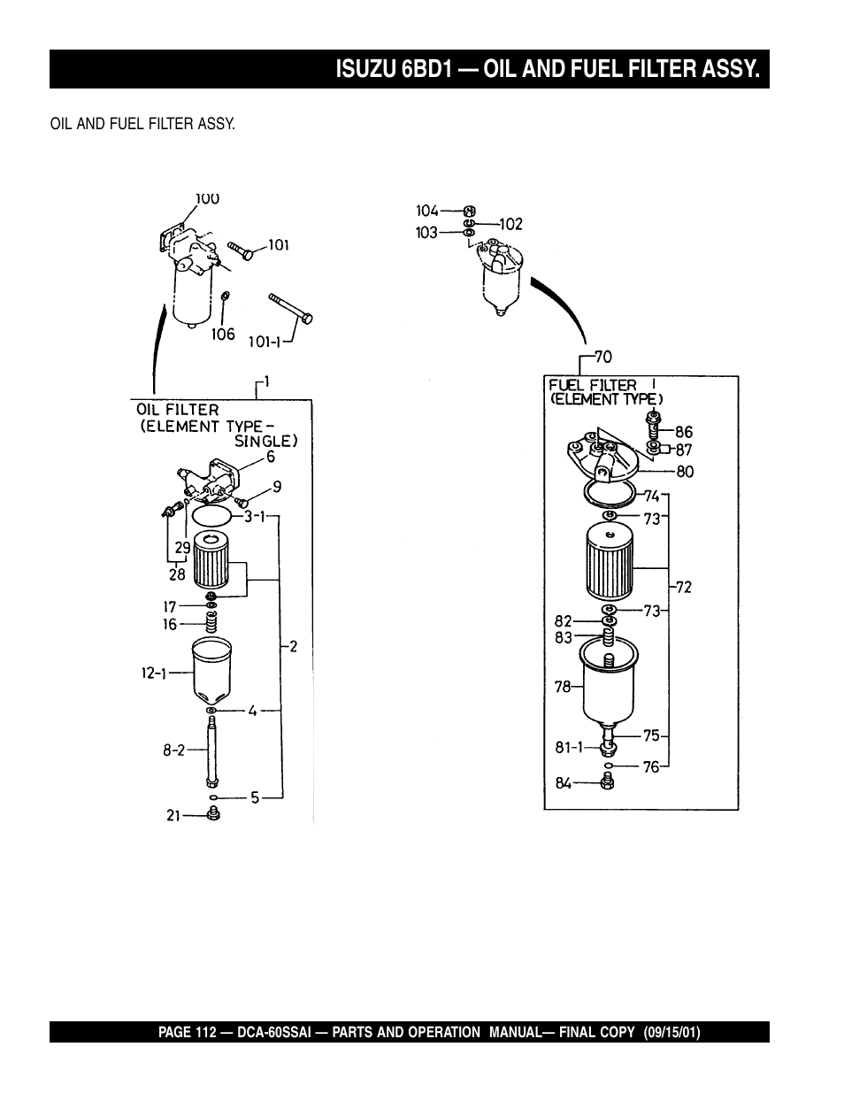Isuzu 6bd1 — oil and fuel filter assy | Multiquip DCA60SSAI User Manual | Page 112 / 152