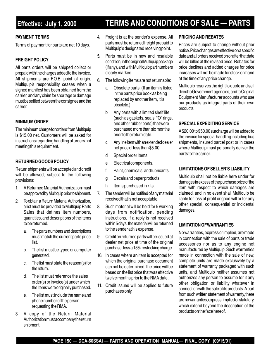 Terms and conditions of sale — parts | Multiquip DCA60SSAI User Manual | Page 150 / 152