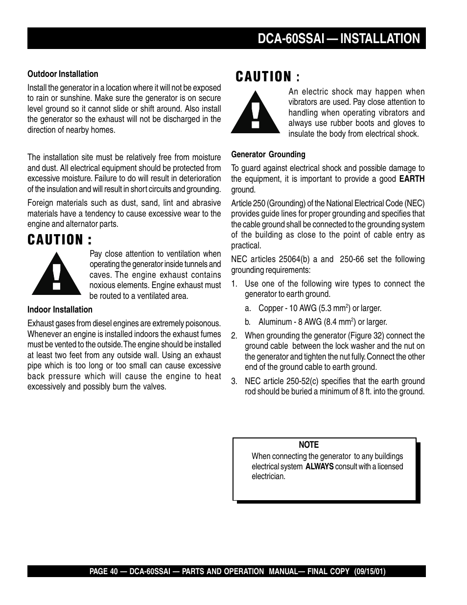 Caution, Dca-60ssai — installation | Multiquip DCA60SSAI User Manual | Page 40 / 152