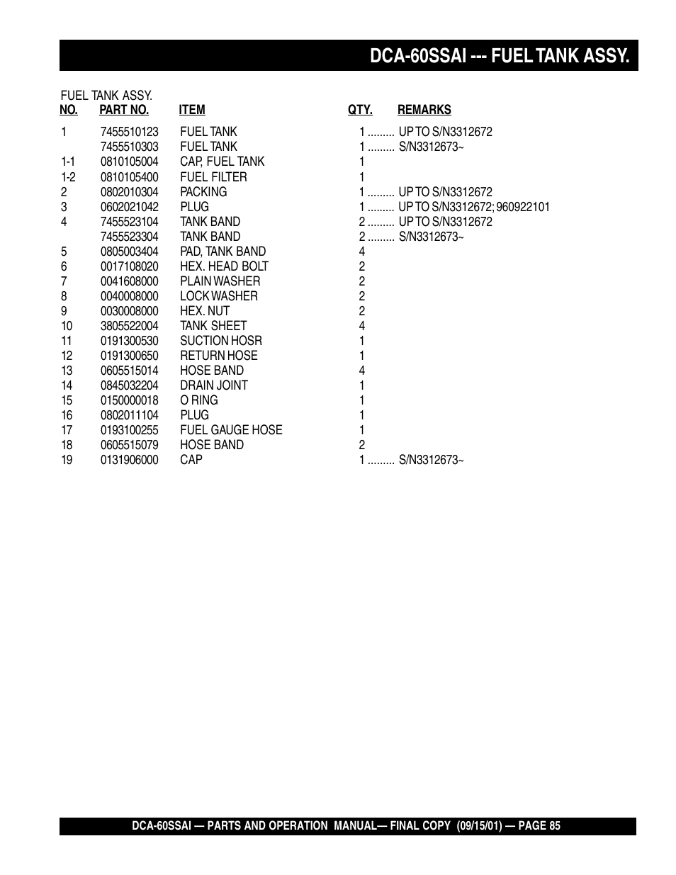 Dca-60ssai --- fuel tank assy | Multiquip DCA60SSAI User Manual | Page 85 / 152