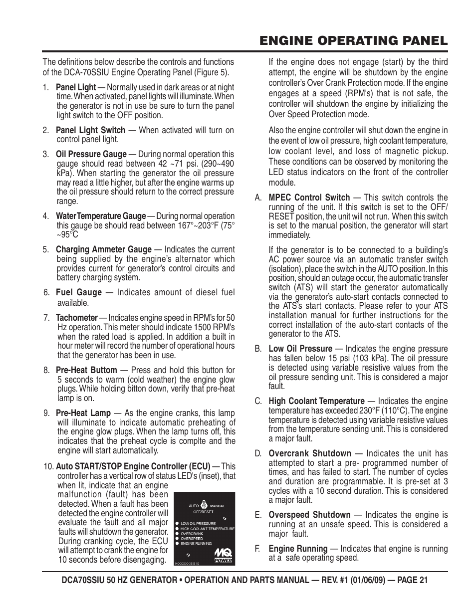 Engine operating panel | Multiquip DCA70SSIU User Manual | Page 21 / 86