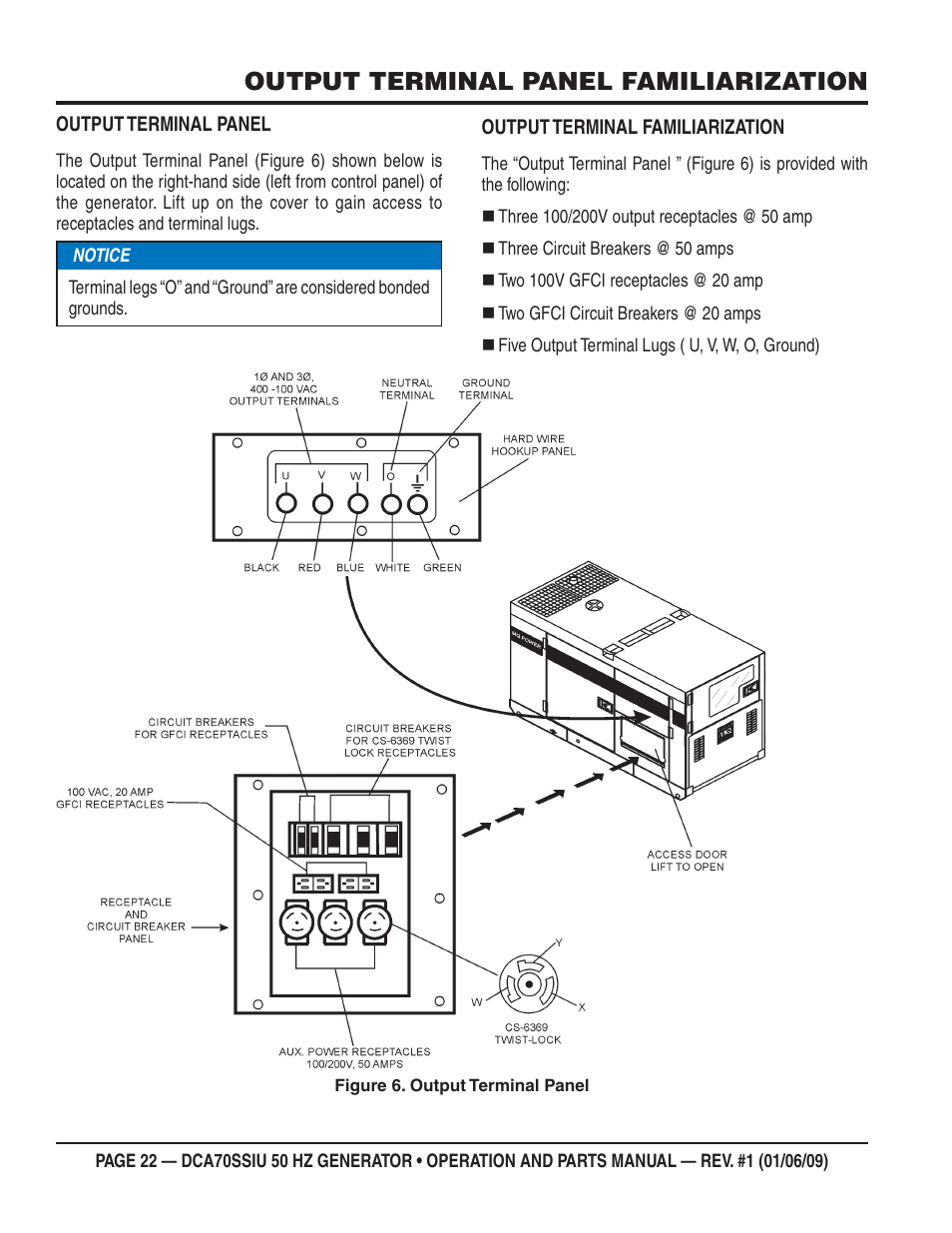 Output terminal panel familiarization | Multiquip DCA70SSIU User Manual | Page 22 / 86