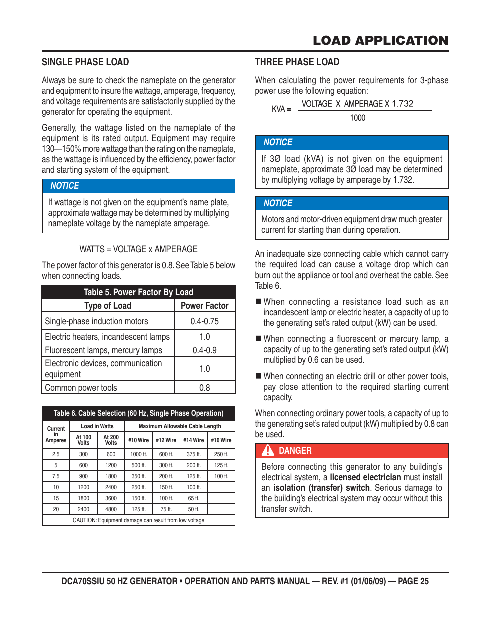 Load application, Single phase load, Three phase load | Multiquip DCA70SSIU User Manual | Page 25 / 86