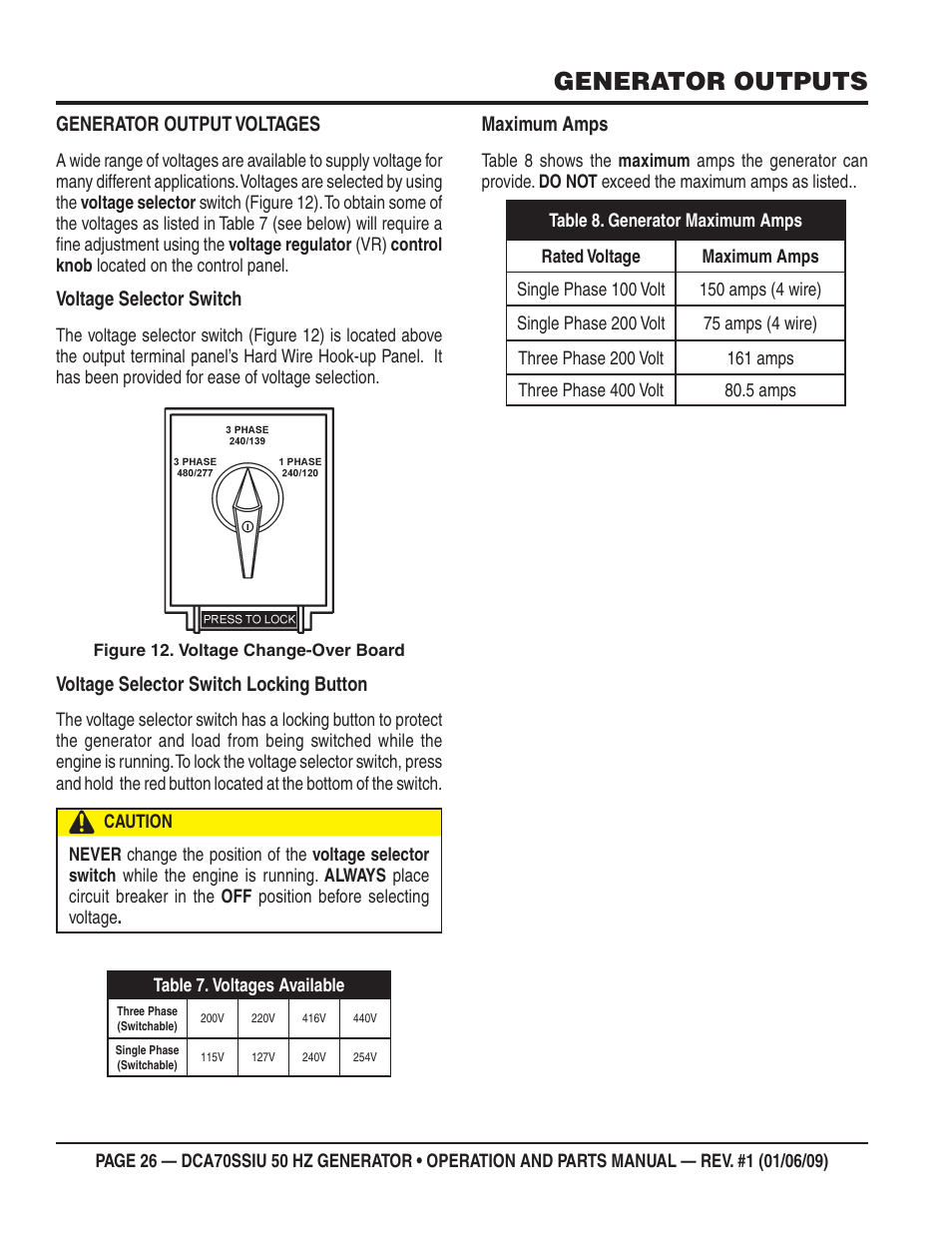 Generator outputs, Generator output voltages, Voltage selector switch | Voltage selector switch locking button, Maximum amps | Multiquip DCA70SSIU User Manual | Page 26 / 86