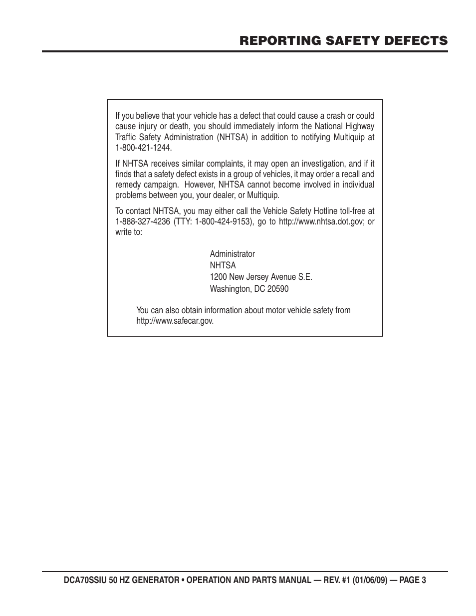 Reporting safety defects | Multiquip DCA70SSIU User Manual | Page 3 / 86