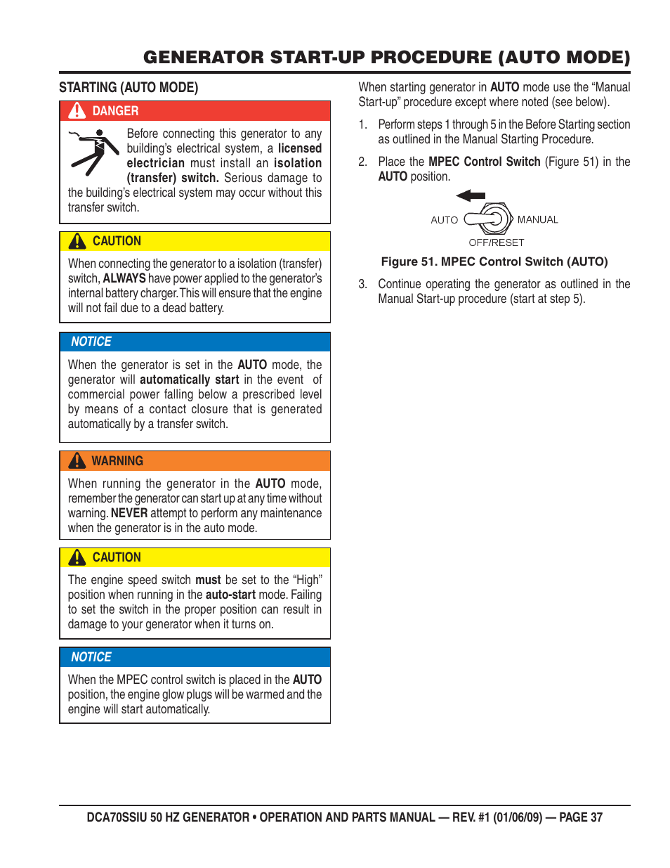 Generator start-up procedure (auto mode) | Multiquip DCA70SSIU User Manual | Page 37 / 86