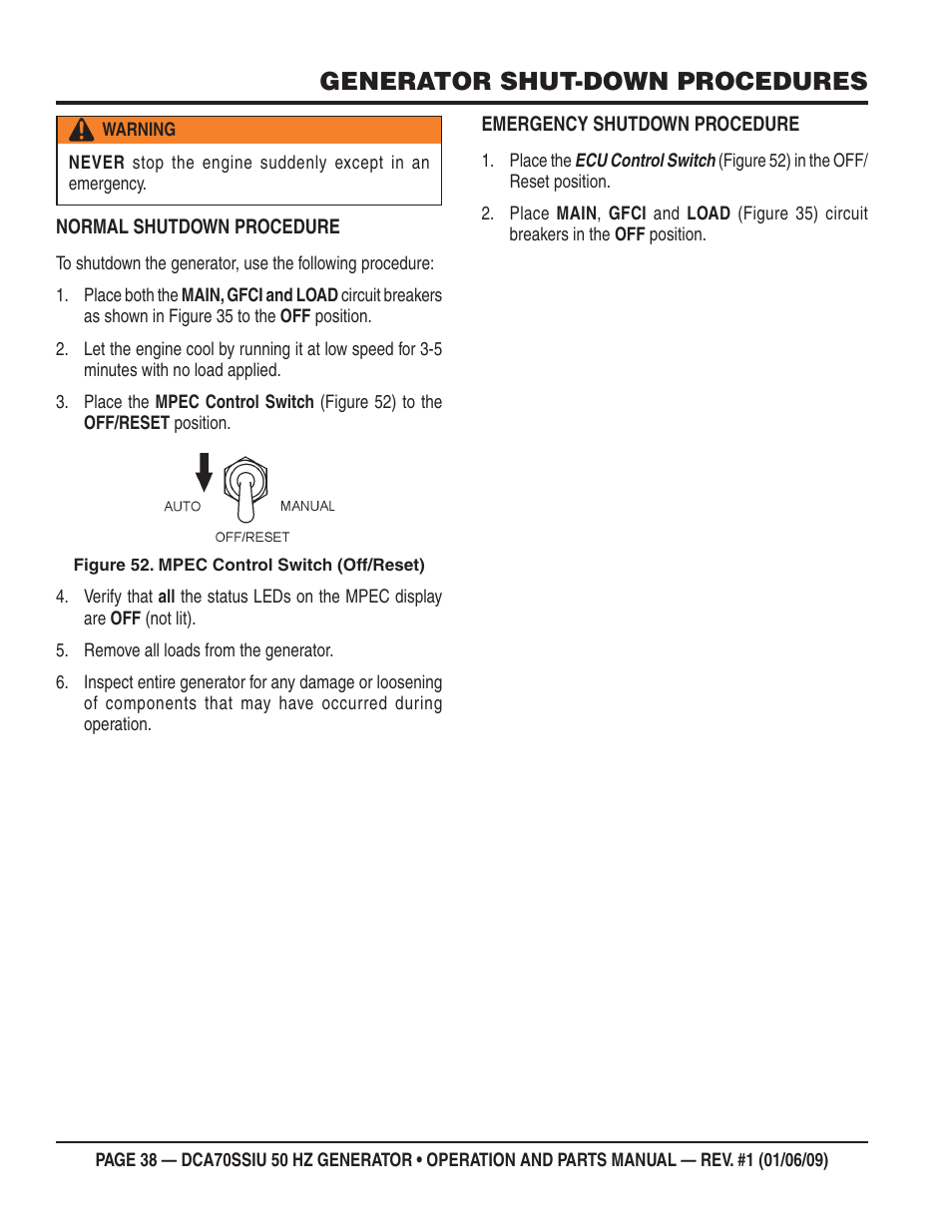 Generator shut-down procedures | Multiquip DCA70SSIU User Manual | Page 38 / 86