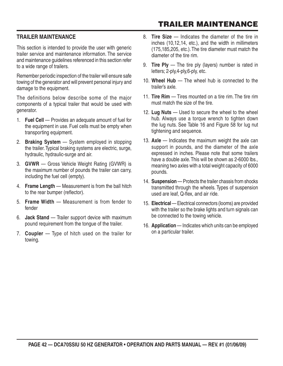 Trailer maintenance | Multiquip DCA70SSIU User Manual | Page 42 / 86